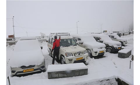 Winter season’s first snowfall covers Gulmarg, a tourist destination in North Kashmir, in a white blanket of snow on Friday, November 10, 2023. KT Photo/Sajad Ahmad
