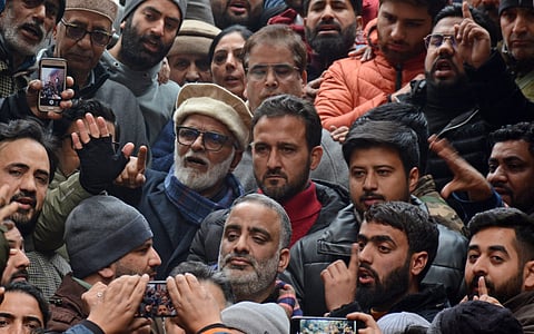 NC senior Leaders shout slogans during their protest in Srinagar on Saturday, December 23, 2023, against the mysterious death of three civilians in Poonch. KT Photo/Qazi Irshad
