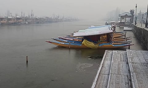 Dal Lake in Srinagar, Jammu and Kashmir, freezes as severe cold conditions continue in Kashmir on Thursday, January 8, 2024. KT Photo/Qazi Irshad 
