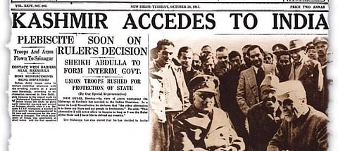 A file photo of a newspaper carrying the news of Kashmir’s accession to Indian in October 1947.
