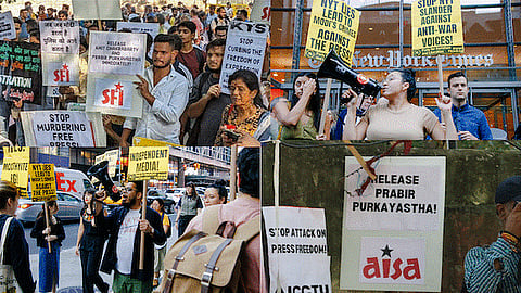 Protests by several press and civil society organisations after the crackdown on Newsclick and arrest of its editor, Prabir Purkayastha. File Photo
