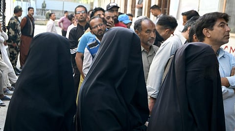 Voters waiting in long queues for casting their votes in Baramulla Parliamentary Constituency on Monday, May 20, 2024. KT Photo/Qazi Irshad
