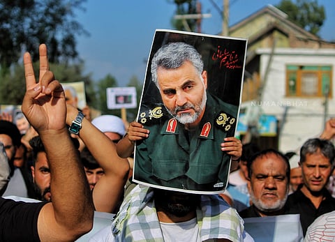 Holding the portrait of Hezbollah chief Hasan Nasarallah, Kashmiris protest against his killing by Israel in Lebanon in Budgam district of Kashmir Valley on Sunday, September 29, 2024. Photo/Numan Bhat
