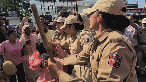 Police resorting to cane-charge on women protestors in Kathua, Jammu province, on Tuesday, October 15, 2024. Photo/Aman Zutshi
