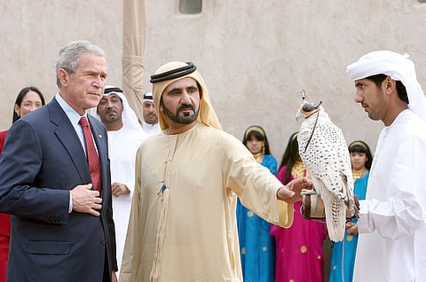 14 يناير 2008: شارك الشيخ محمد لحظة خفيفة مع الرئيس بوش خلال زيارتهما لمنزل الشيخ سعيد آل مكتوم