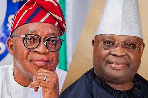 Osun State Former Governor, Gboyega Oyetola and the present Governor Ademola Adeleke. 
