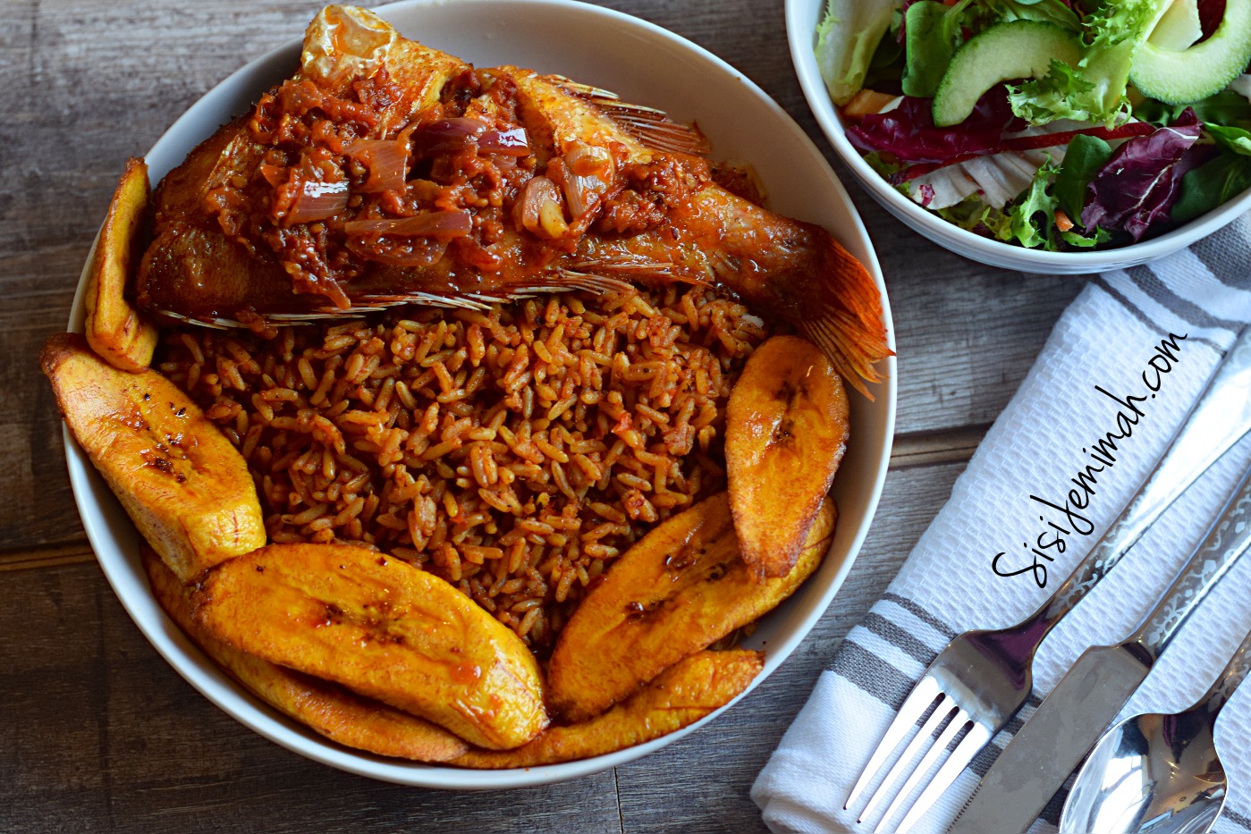 Jollof Rice and plantain served in a bowl