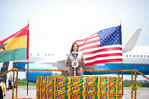 Kamala Harris speaking at the Kotoka International Airport 