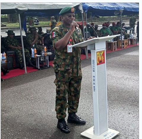 Brig. Gen. N J Edet, the Commander, 9 Brigade of Nigerian Army addressing the soldiers during the opening ceremony of 81 Division Inter-Brigade Warrant Officers and Senior Non-commissioned Officers Compétition at 243 Recce Battalion Barracks, Ibereko, Badagry on June 19

