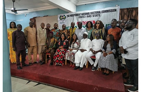 INEC’s National Commissioner for Plateau, Nasarawa, Kaduna and Abuja, Mallam Muhammed Kudu Haruna, with media executives in Imo State, yesterday.
