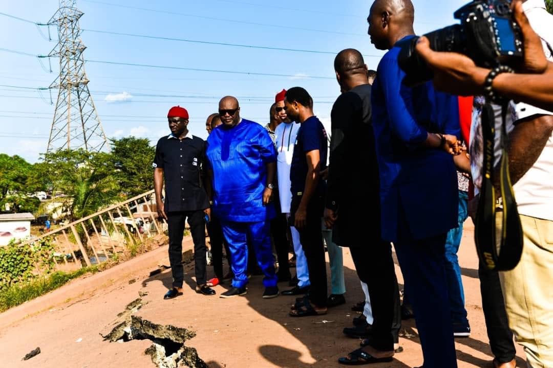 Mr Nnoli Nnaji, member representing Nkanu East/ West Federal Constituency with other key stakeholders in the state during the inspection of the collapse bridge 