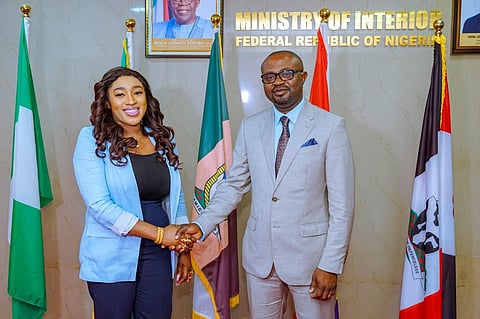 The Minister of Humanitarian Affairs and Poverty Alleviation, Dr Betta Edu with the Minister of Interior, Dr Olubunmi Tunji-Ojo, during her courtesy visit to his office on Tuesday in Abuja.