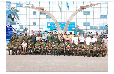 Chief of the Air Staff (CAS), Air Marshal Hasan Abubakar, with other security Chiefs, when he hosted foreign Defence Attachés of allied countries accredited to the Federal Republic of Nigeria, on Thursday in Abuja
