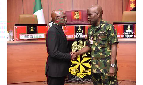 Gov. Hyacinth Alia of Benue visits the Chief of Army Staff, Lt.-Gen. Taoreed Lagbaja in Abuja on Tuesday, October 31, 2023
