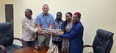 The Director/ Interim Coordinator of the Nigeria Sugar Institute (NSI), Dr. Abiodun O. Adeyemo, the Assistant Head of Field Operations, Enahoro-Ofagbe Faith, the Acting Head of Field Operations, Omoleye Wonsebolatan, the Agric Manager of Golden Sugar Company (GSC), Mr Herman Smith, and the GSC Agronomist, Mr. M. Venkat, when the NSI presented seed cane to the GSC for multiplication in the 2024/2025 planting season.

