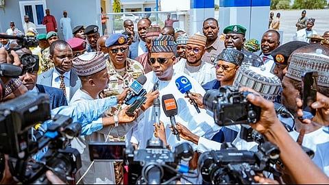 Vice President Kashim Shettima interacting with journalists during his visit to Borno.