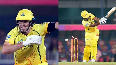 IPL 2026 | டாப் பேட்ஸ்மேன்கள் சொதப்பல், 43 ரன்கள் அடித்த ஓவர்டன்: RR-க்கு 128 ரன்கள் இலக்கு நிர்ணயித்தது சி.எஸ்.கே.