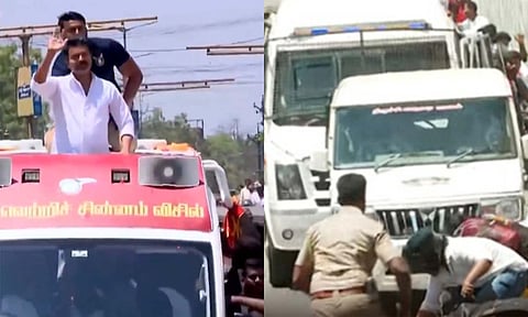 திருச்சியில் ரோடு ஷோ - கீழே விழுந்தவரிடம் நலம் விசாரித்த விஜய்
