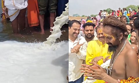 நர்மதை ஆற்றுக்கு 11 ஆயிரம் லிட்டர் பாலபிஷேகம்... விமர்சனங்களுக்கு பக்தர்கள் அளித்த பளீச் பதில்