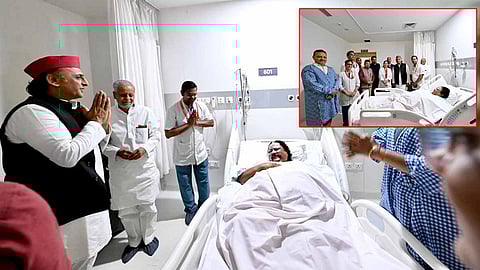 தன்னுடைய உருவப் பொம்மையை எரித்தபோது காயம் அடைந்த பாஜக எம்.எல்.ஏ.: மருத்துவமனைக்கு சென்று நலம் விசாரித்த அகிலேஷ் யாதவ்