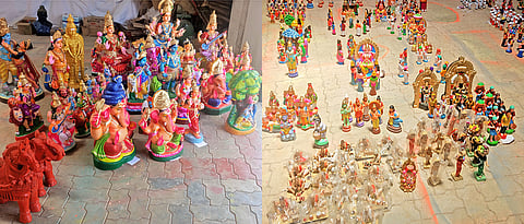 செங்கோட்டை பகுதியில் விற்பனைக்கு வைக்கப்பட்டுள்ள கொலு பொம்மைகள்.