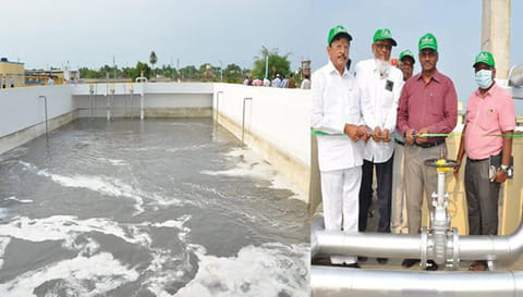 ராணிடெக் கழிவுநீர் சுத்திகரிப்பு கட்டமைப்பினை கலெக்டர் பாஸ்கர பாண்டியன் தொடங்கி வைத்த காட்சி.