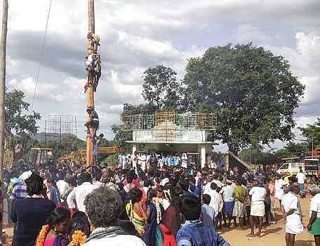 திருவிழாவில் கழுமரம் ஏறிய இளைஞர்களை படத்தில் காணலாம்.