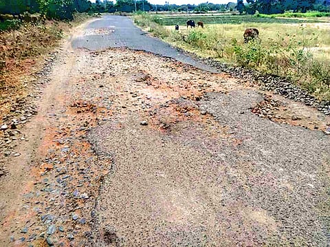 குண்டும் குழியுமாக காணப்படும் சாலையடியூர் சாலை.