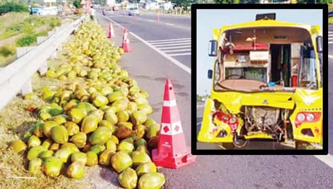 சாலையில் சிதறிக் கிடந்த இளநீர் காய்களை அப்புறப்படுத்தி ஓரமாக வைத்துள்ள போலீசார்