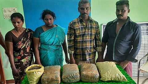 கஞ்சாவுடன் கைது செய்யப்பட்ட 4 பேரை படத்தில் காணலாம்.