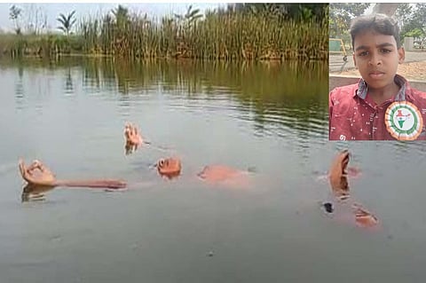 ஏரியில் பள்ளி மாணவர் யோகாசனம் செய்து அசத்தல்