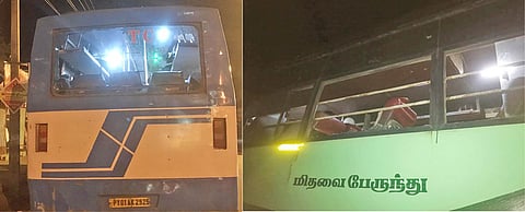 கல் வீச்சில் சேதமடைந்த பஸ்கள்.