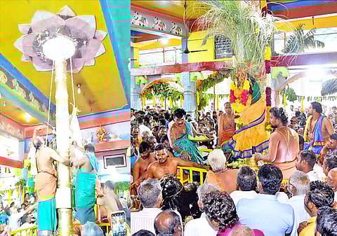 விழாவில் கொடிமரத்தில் கொடியேற்றி தீபாராதனை காட்டப்பட்ட காட்சி.