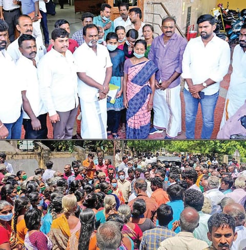 கலெக்டர் அலுவலகத்திற்கு மனு கொடுக்க வந்த தொழிலாளி மாயாண்டியின் குடும்பத்தினர் மற்றும் பா.ஜனதா  நிர்வாகிகள், ஊர்பொதுமக்கள்.