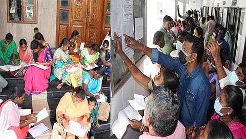 சேலம் கலெக்டர் அலுவலக வளாகத்தில் அமர்ந்து விண்ணப்பங்களை பூர்த்தி செய்த ஆசிரியர்களையும், நோட்டீஸ் போர்டில் ஒட்டப்பட்டுள்ள காலி பணியிட விவரங்களை பார்வையிடுபவர்களையும் படத்தில் காணலாம்.