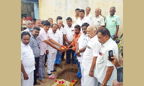 குடியாத்தம் அடுத்த ஆர்.கிருஷ்ணாபுரம் கிராமத்தில் ரேசன் கடை கட்டுவதற்கான பூமி பூஜையை பூவை ஜெகன் மூர்த்தி எம்.எல்.ஏ. தொடங்கி வைத்த போது எடுத்த படம்.