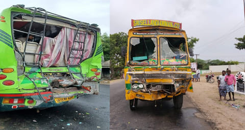 விபத்துக்குள்ளான பஸ்-லாரியை படத்தில் காணலாம்.