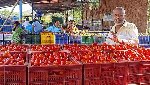 ஒட்டன்சத்திரம் மார்க்கெட்டில் விற்பனைக்காக வந்து குவிந்துள்ள தக்காளி.