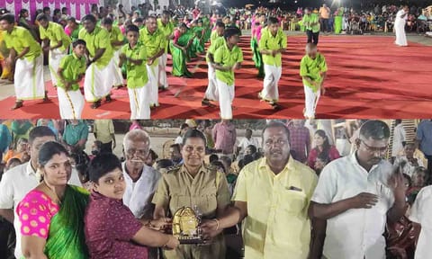 வள்ளி கும்மியாட்டம் நடைபெற்ற காட்சி. காவல் ஆய்வாளர்  சரஸ்வதி வள்ளி கும்மியாட்ட குழுவினருக்கு பரிசு வழங்கிய காட்சி.&nbsp;