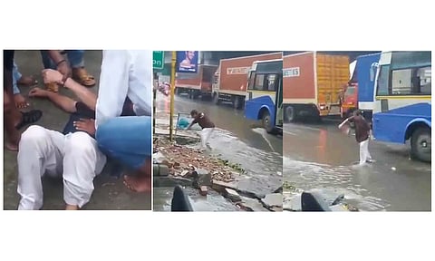 கால்வாயில் போதை ஆசாமி தவறி விழும் காட்சியை படத்தில் காணலாம்.