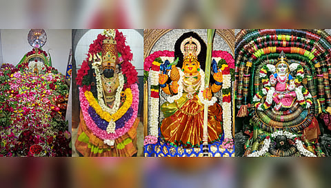 நன்செய் இடையாறு மகா மாரியம்மன், கோப்பணம் பாளையம் அங்காள பரமேஸ்வரி அம்மன், பரமத்தி வேலூர் பேட்டை பகவதி அம்மன், காவிரி ஆற்றுக்குச் செல்லும் வழியில் உள்ள மகா மாரியம்மன்  சிறப்பு அலங்காரத்தில் அருள்பாலித்த காட்சி.