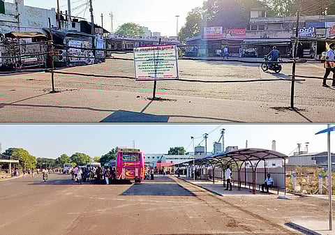 விரிவாக்கத்திற்காக பஸ் நிலையம் மூடப்பட்டுள்ளதையும்,  தற்காலிக பேருந்து நிலையத்தில் இருந்து பஸ்கள் இயக்கப்படுவதையும் படத்தில் காணலாம்.