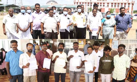 மனு கொடுக்க வந்த வீரபாண்டி பகுதி மக்கள். மக்கள் பாதுகாப்பு அமைப்பினர் மனு கொடுக்க வந்த காட்சி.
