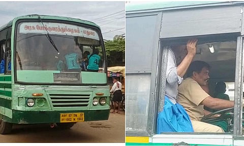பஸ்சின் முன்பகுதியிலும், டிரைவருக்கு அருகிலும் அமர்ந்து பயணம் செய்யும் பயணிகள்.