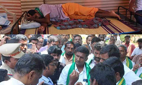 7-வது நாளாக உண்ணாவிரதம் இருக்கும்  விவசாயி விஜயகுமார். விவசாயிகளுடன் இன்று அதிகாரிகள் பேச்சுவார்த்தை நடத்திய காட்சி.&nbsp;