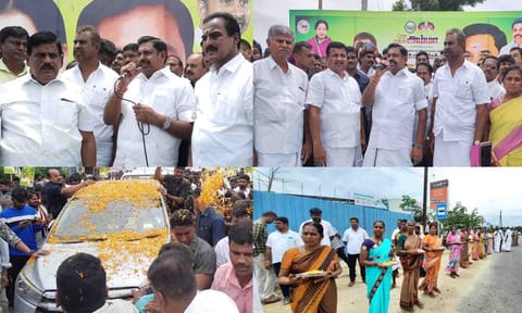 &nbsp;வரவேற்பு நிகழ்ச்சியில் எடப்பாடி பழனிச்சாமி பேசிய காட்சி. முன்னாள் அமைச்சர் எஸ்.பி., வேலுமணி மற்றும் பலர்  உள்ளனர். பெண்கள் மலர்கள் தூவி உற்சாக வரவேற்பு அளிக்கப்பட்ட காட்சி.