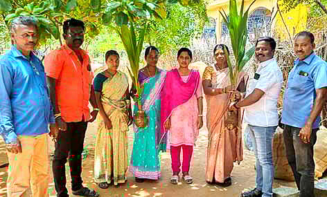 பயனாளிகளுக்கு  தென்கன்றுகள் வழங்கப்பட்ட காட்சி.