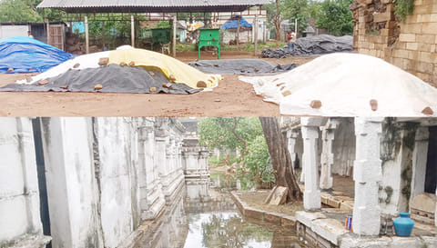 கோவில்பத்து சிவன் கோவில் மற்றும் பூதலூர் பகுதி கொள்முதல் நிலையத்தில் நெல் மணிகளை சுற்றி மழைநீர் தேங்கி நிற்கிறது.