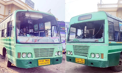 உடைக்கப்பட்ட தமிழக அரசு பஸ்கள்