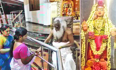 பக்தர்களுக்கு பிரசாதங்களை துரைஆதித்தன் சுவாமிகள் வழங்கினார். சிறப்பு அலங்காரத்தில் எழுந்தருளிய ரணகாளியம்மன்.